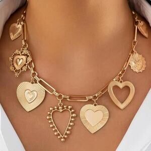 Chunky Heart Pendant Charm Statement Necklace Gold Tone Fashion Layered Jewelry